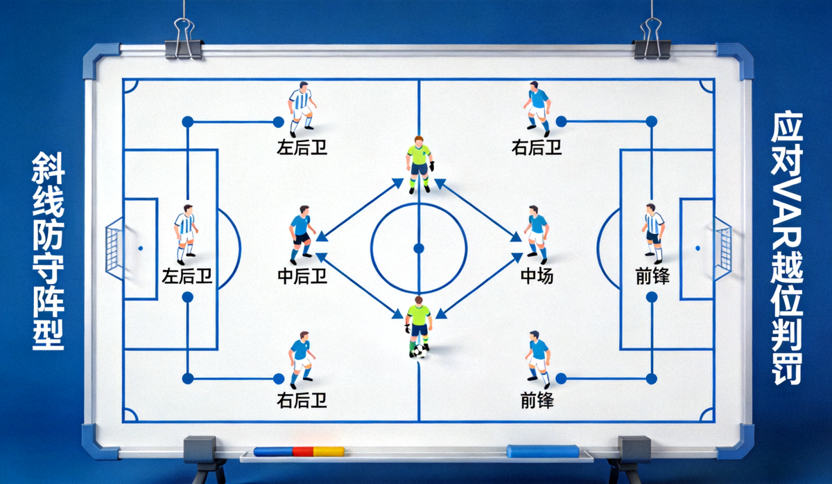 足球战术板示意图，展示现代足球中斜线防守阵型的站位，后卫线呈现前后交错而非完全平行，以应对VAR时代的越位判罚风险