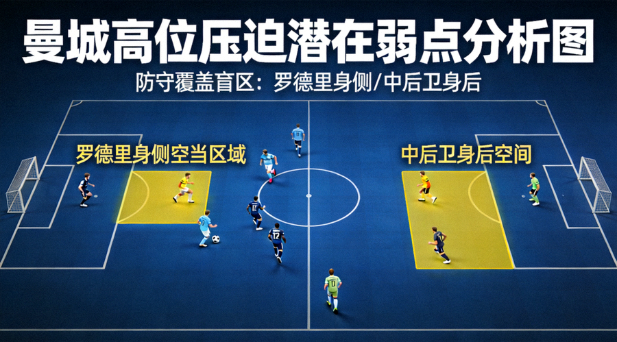 曼城高位压迫潜在弱点分析图，标注出罗德里身侧的空当区域以及中后卫身后的空间，用黄色高亮显示风险区域