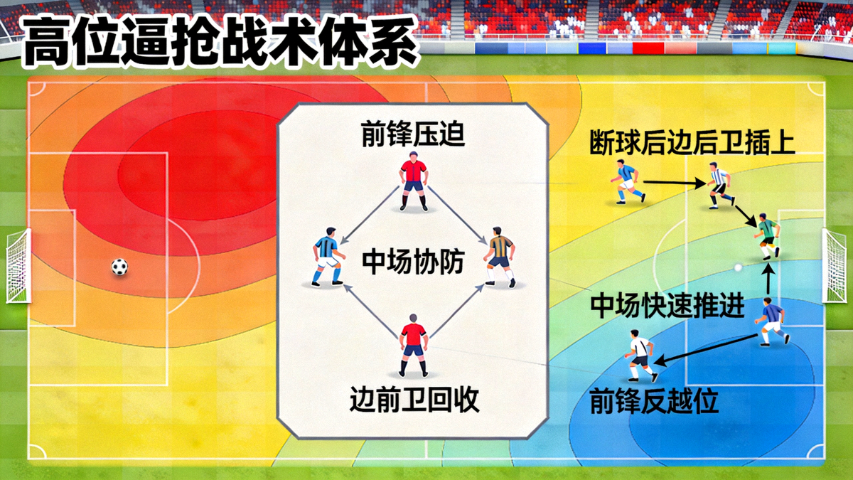 高位逼抢战术体系概念图，展示前场压迫阵型与攻防转换瞬间的球员跑位路线，背景为球场热区数据可视化