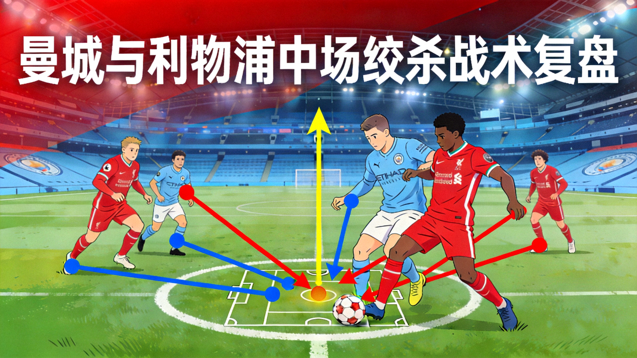 曼城与利物浦中场绞杀战术复盘：双方球员在中圈附近激烈拼抢，背景为伊蒂哈德球场，画面叠加了传球路线与压迫方向示意图