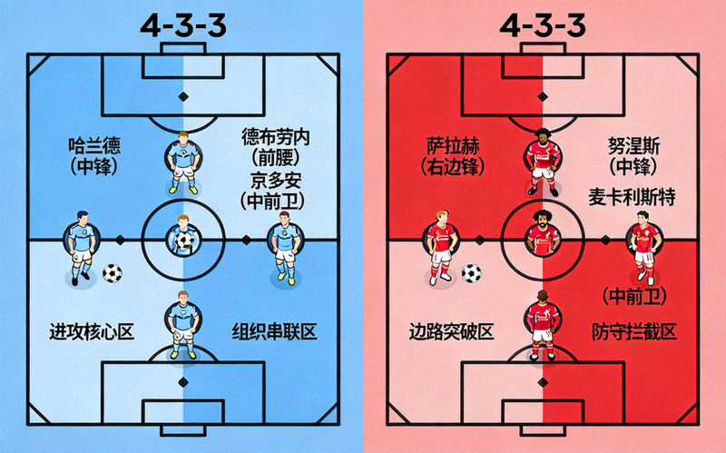 曼城与利物浦本场比赛的初始阵型对比图，左侧为曼城4-3-3，右侧为利物浦4-3-3，图中标注了关键球员的站位与职责区域