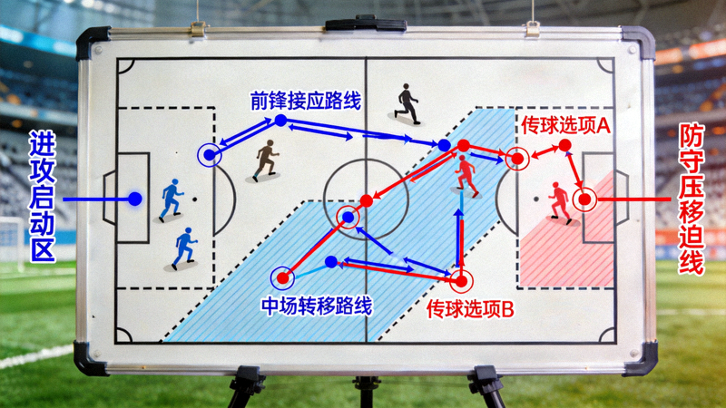 战术板上绘制的攻防转换训练示意图，展示球员跑动路线、传球选项和压迫区域划分，用于指导球队进行转换效率专项训练