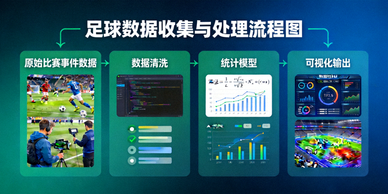 足球数据收集与处理流程图，展示从原始比赛事件数据到清洗、建模、可视化的完整分析管道，包含数据源、清洗步骤、统计模型与可视化输出