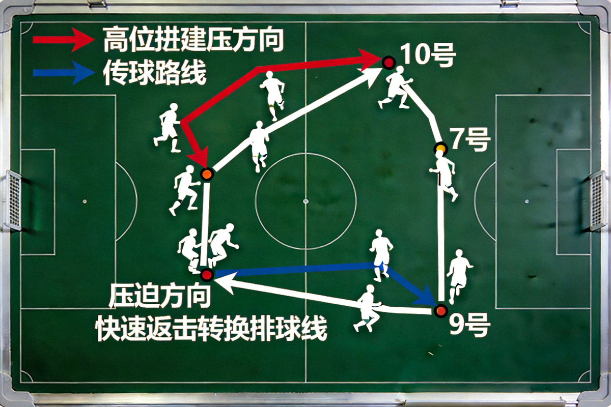 战术板示意图展示高位逼抢后快速反击的跑位路线，红色箭头表示压迫方向，蓝色箭头表示转换传球路线，标注球员编号与移动轨迹