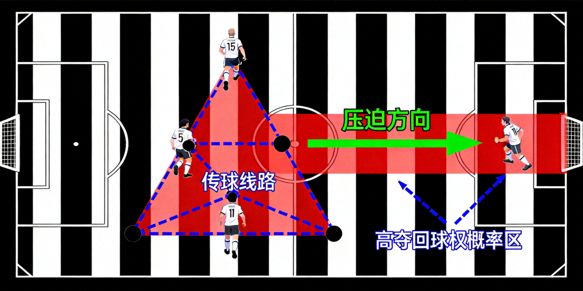 高位逼抢战术体系示意图，展示前场压迫时球员的站位、传球线路与逼抢方向，绿色箭头代表压迫方向，红色区域为高夺回球权概率区