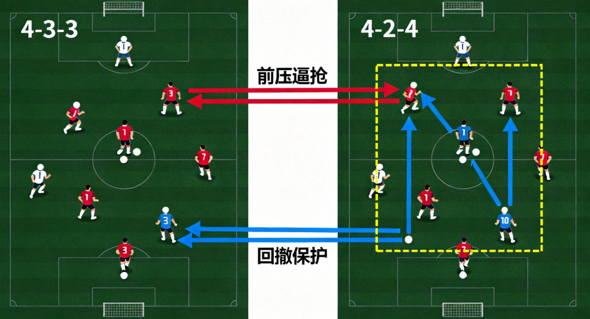 战术板示意图展示高位逼抢时阵型从4-3-3轮转为4-2-4的过程，用不同颜色箭头表示球员移动路线和职责变化，强调动态平衡