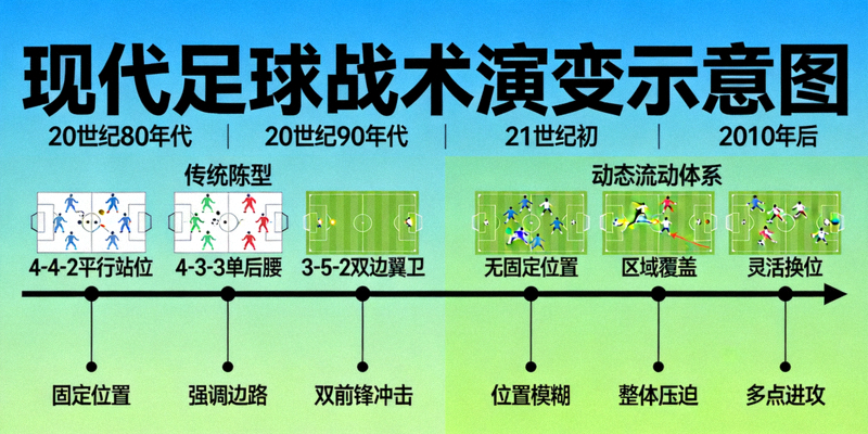 现代足球战术演变示意图，展示从传统阵型到动态流动体系的转变过程
