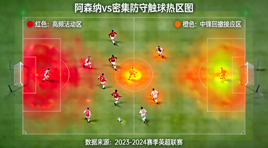 阿森纳对阵密集防守时的全队平均触球位置热区图，显示边路与肋部的高频活动区域，以及中锋回撤接应的热点分布