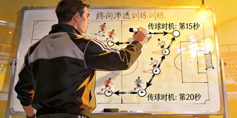 教练在战术白板上绘制纵向渗透训练路线，标注球员跑动与传球时机