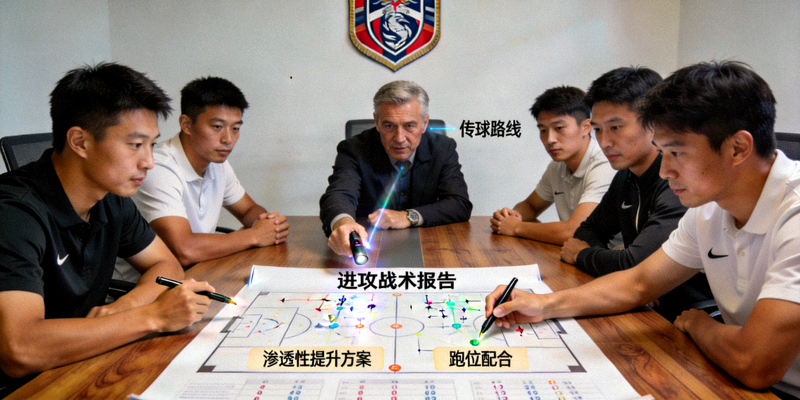 球队赛前会议场景，教练组与球员围绕战术报告讨论如何提升进攻渗透性