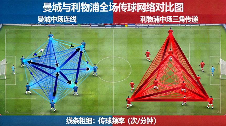 曼城与利物浦全场传球网络对比图，显示双方中场球员之间的连线密度与方向，利物浦中场三角传递更为紧凑