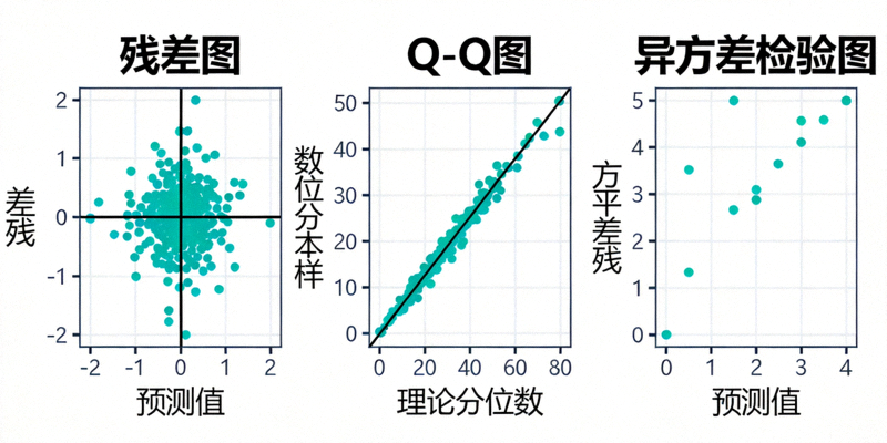 统计回归模型诊断图，包括残差图、Q-Q图、异方差检验图，验证线性回归模型假设