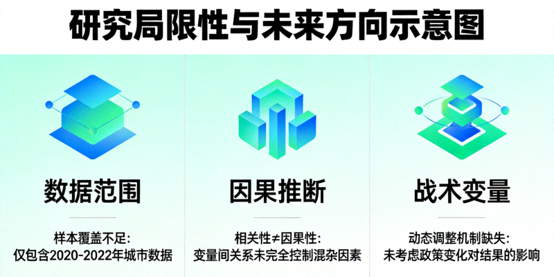 研究局限性与未来方向示意图，包含数据范围、因果推断、战术变量等维度