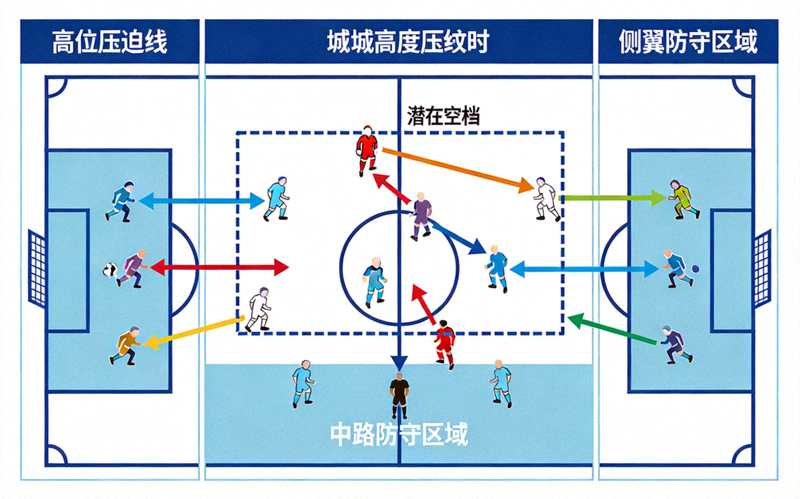 曼城高位压迫结构示意图，标注出侧翼与中路衔接区域的潜在空档