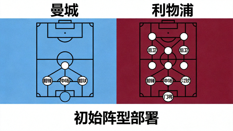 曼城与利物浦比赛初始阵型部署示意图，曼城4-3-3与利物浦4-3-3阵型对比