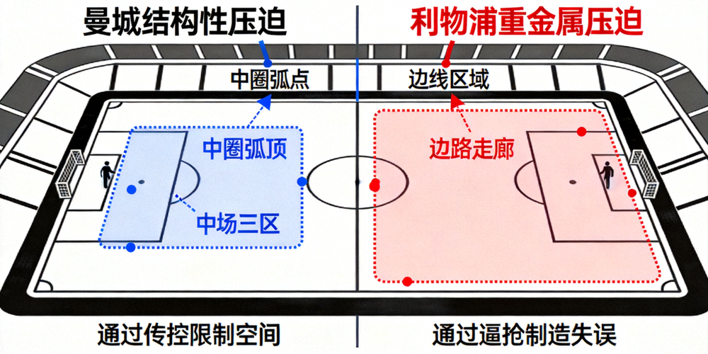曼城结构性压迫与利物浦重金属压迫的战术示意图对比，标注了各自的触发点与覆盖区域