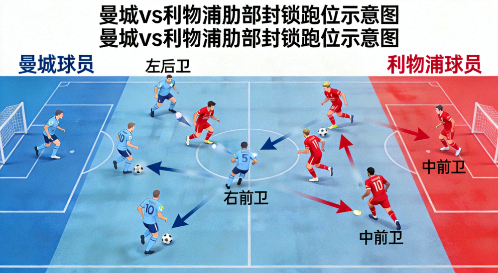 展示曼城与利物浦球员如何封锁肋部通道的动态跑位示意图，箭头指示球员移动方向